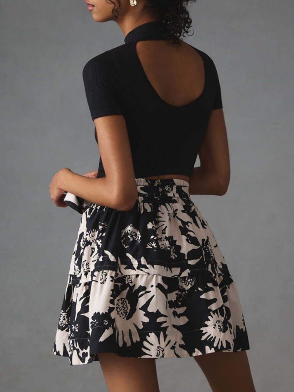 Anthropologie Somerset Black White Floral Belted Mini Skirt Size M - Picture 4 of 9